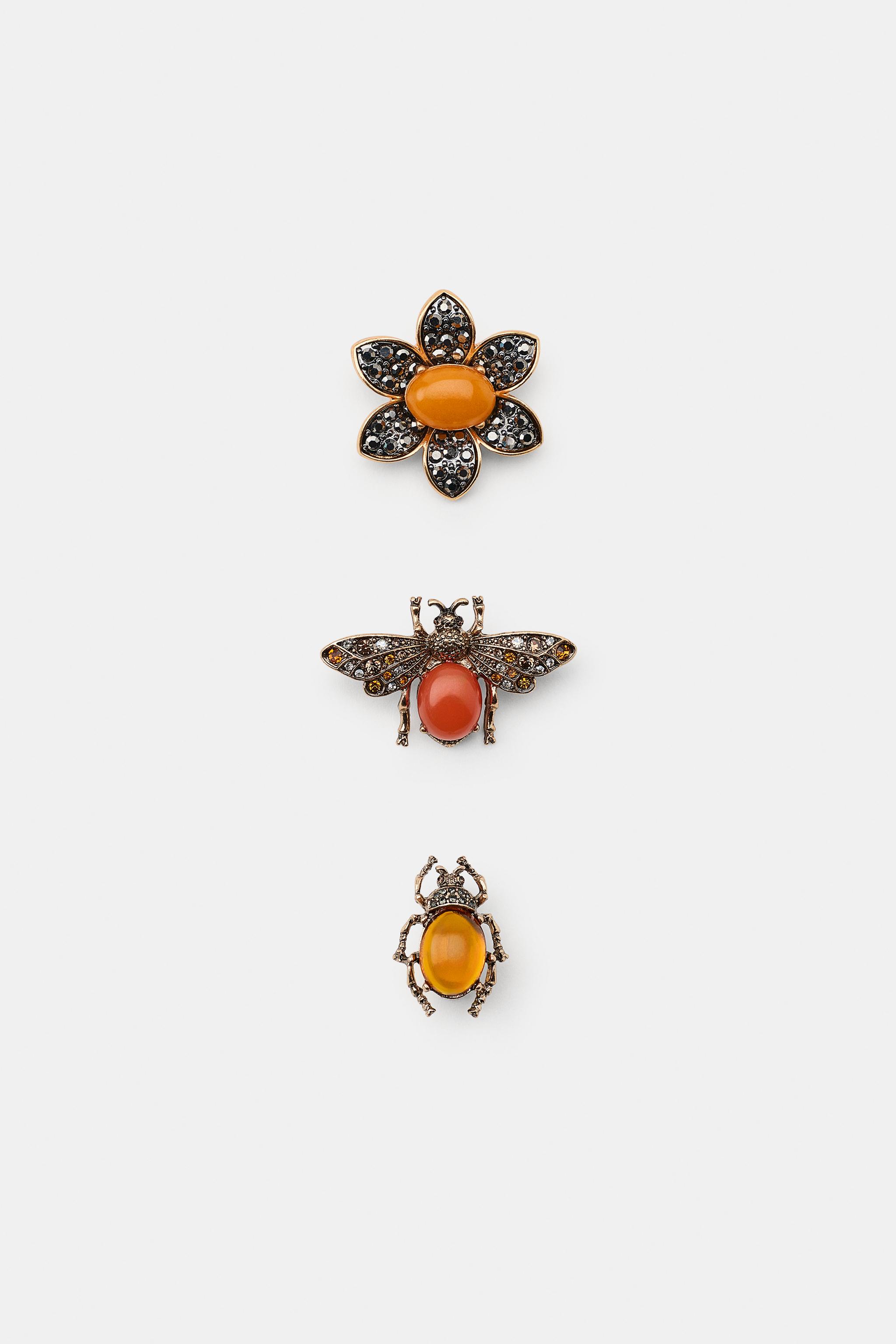 PACK OF 3 METAL FLOWER & INSECT BROOCHES